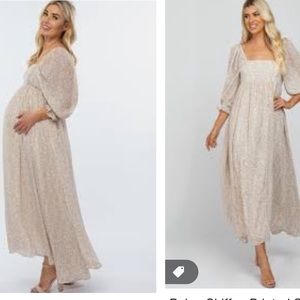 NWT Pink Blush Beige Chiffon Printed Square Neck Empire Maternity Maxi Dress